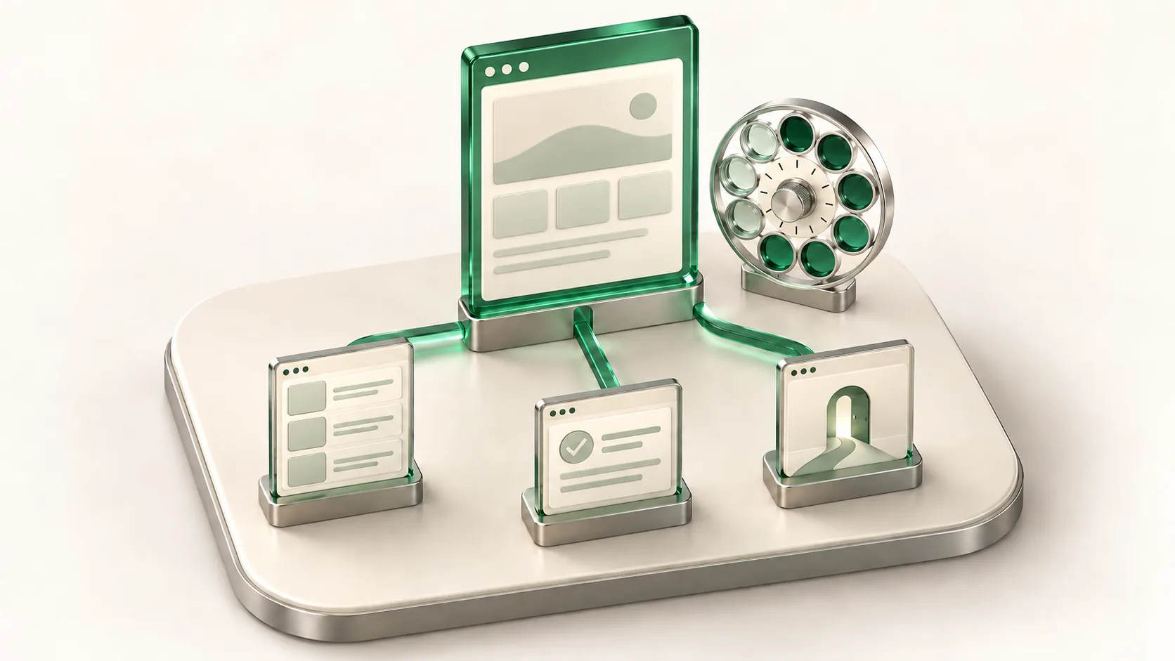 Isometric website page rack branching toward service, specialist and referral pages, beside a chrome optical lens wheel.
