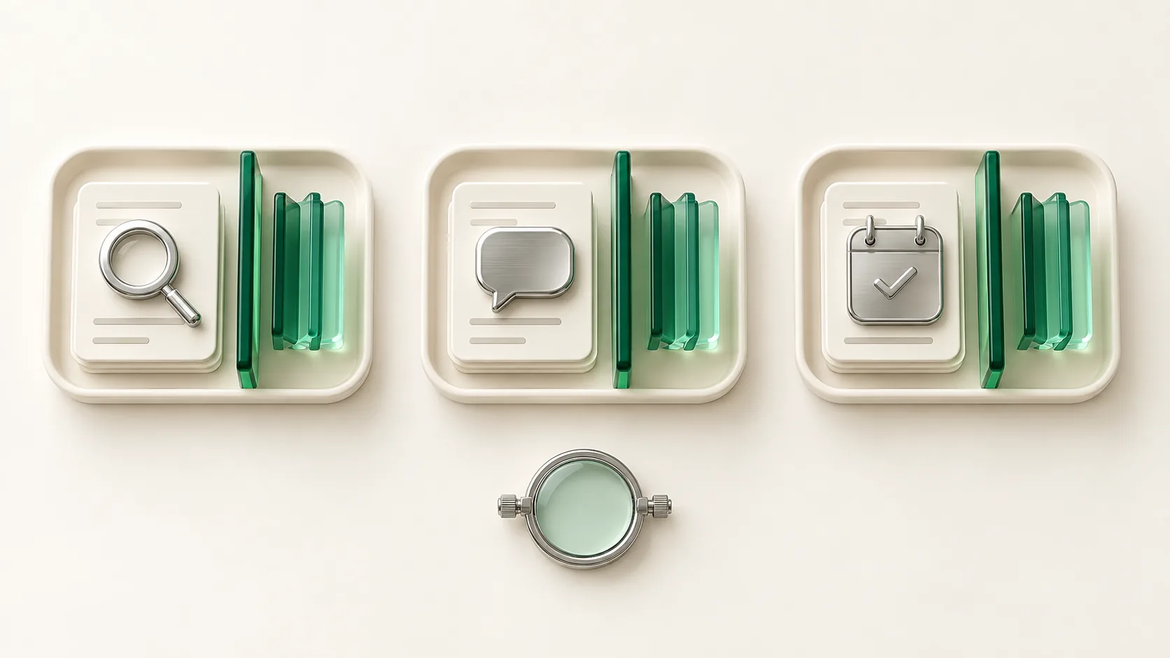 Overhead view of three separate reporting trays for search, inquiries and verified visits, beside a chrome optometry trial lens.