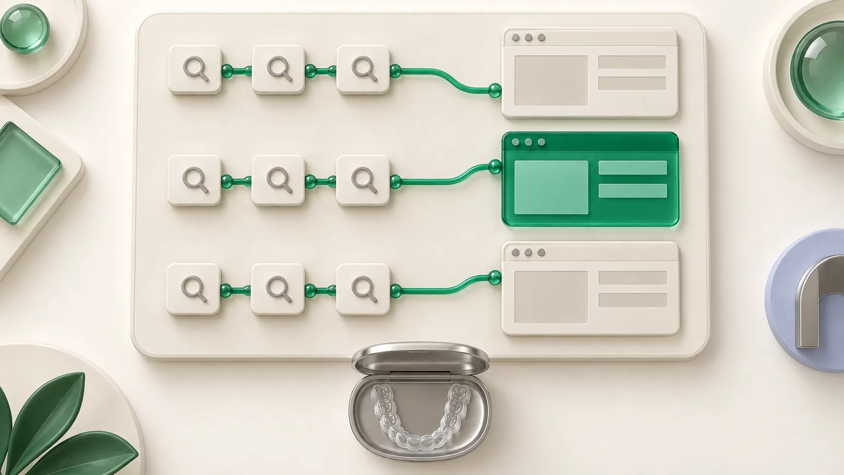 Overhead planning board linking grouped search tiles to website pages, with an empty clear aligner tray as the orthodontic cue.