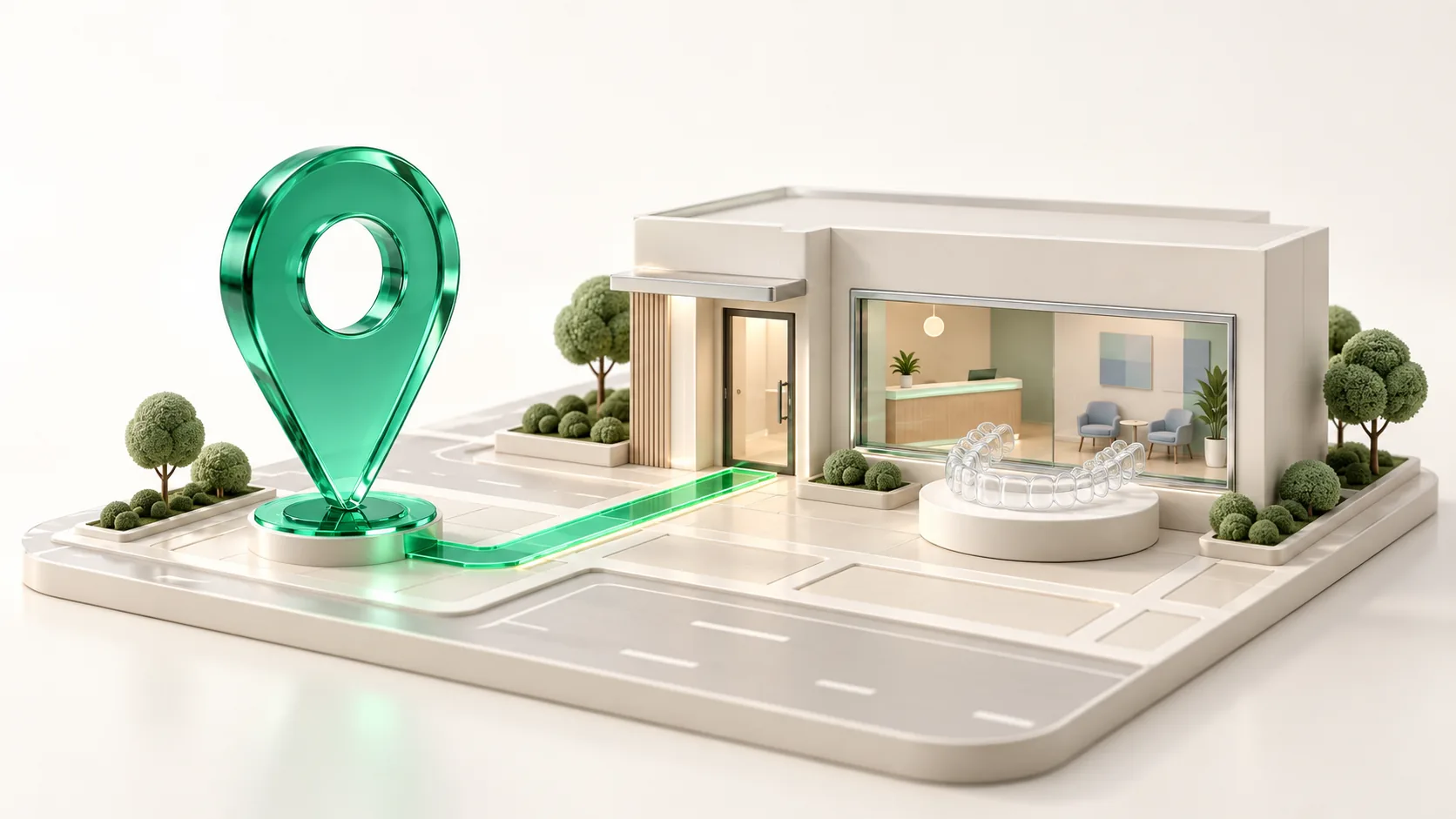 Emerald location pin connected to a miniature orthodontic office, with an empty aligner tray beside the window.