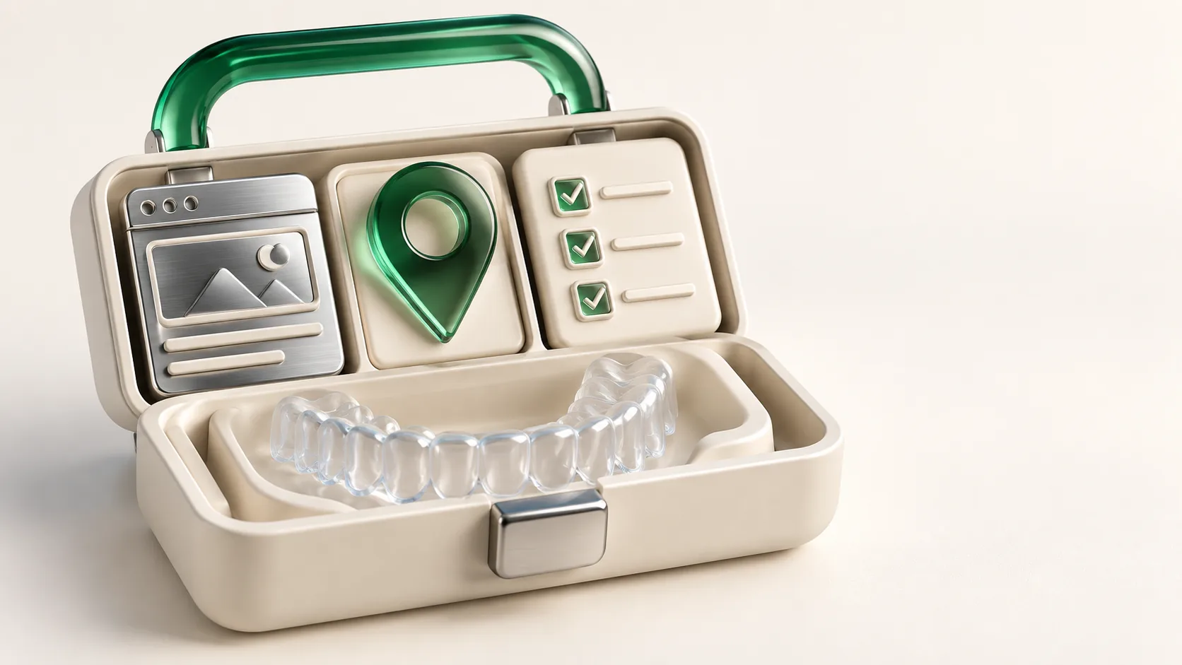 Cream toolkit containing page, location and review modules alongside an empty clear aligner tray, illustrating orthodontic SEO services.