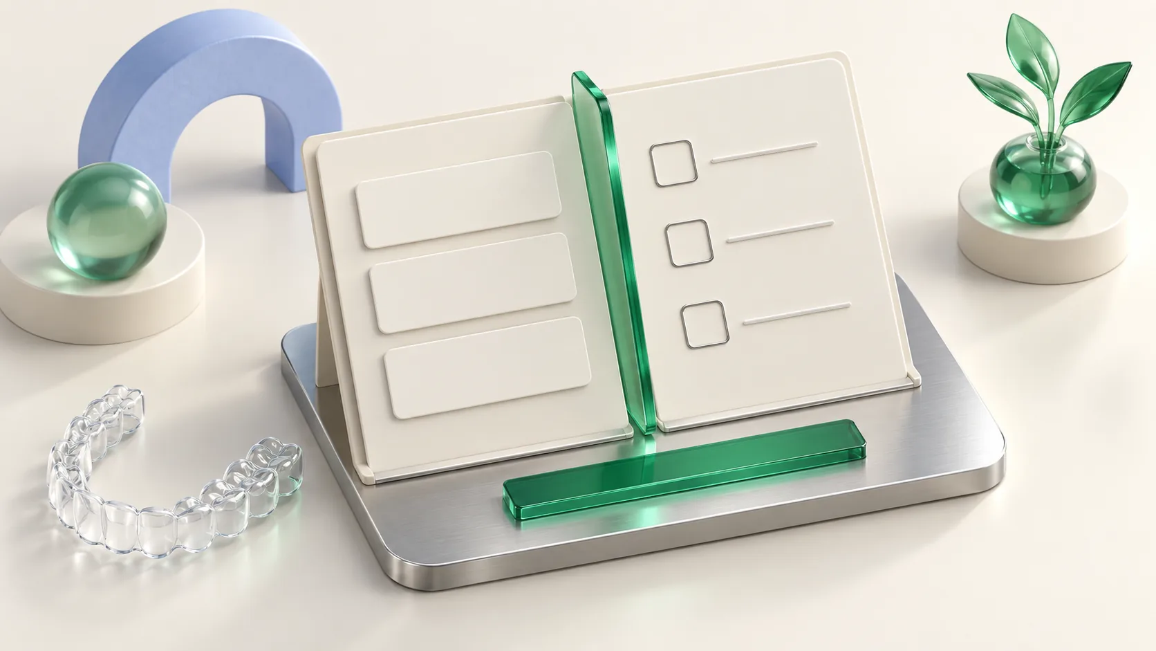 Isometric comparison folio with two blank proposals and a shared emerald divider, beside an empty orthodontic aligner tray.