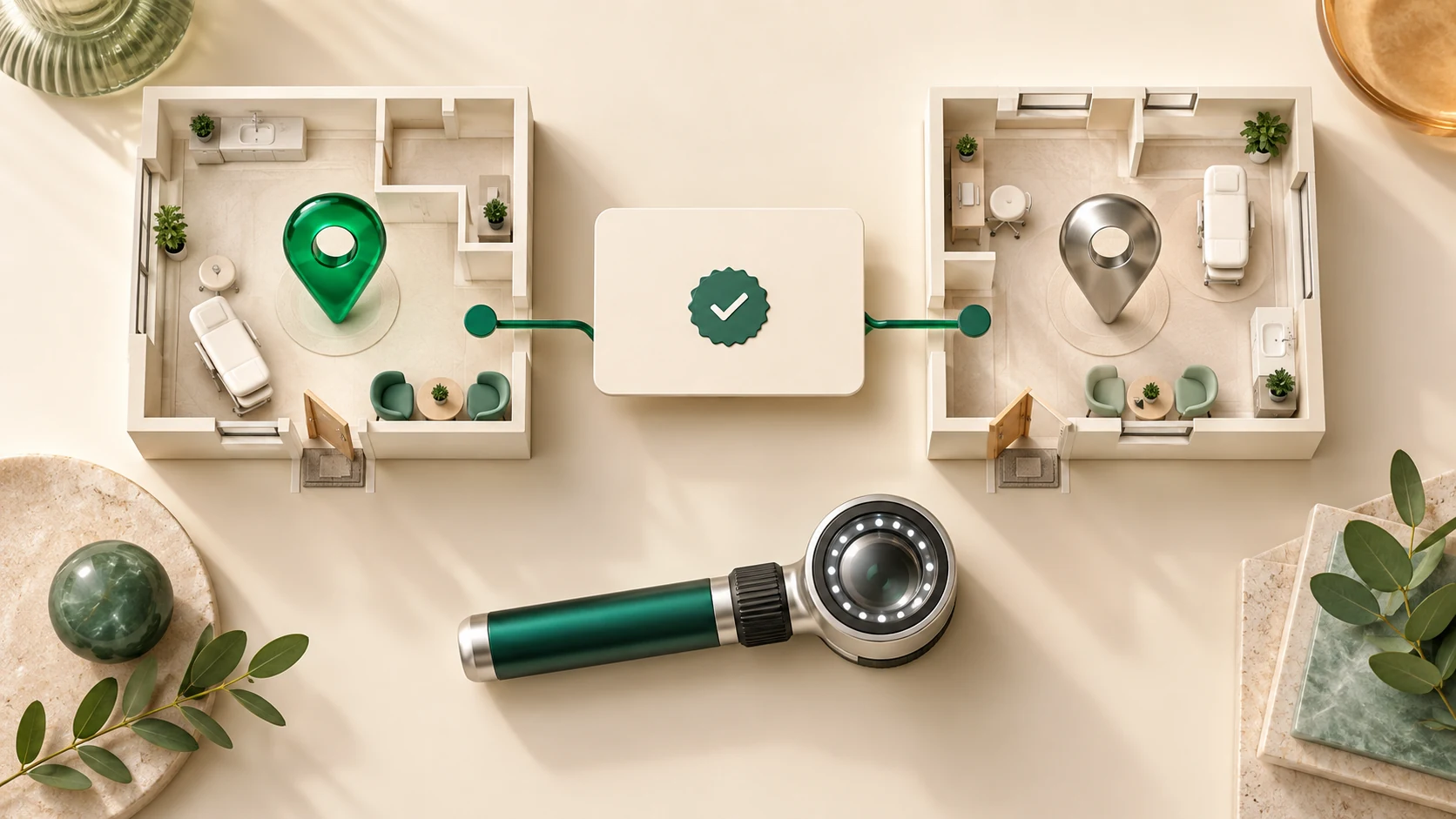 Two miniature office plans connect to a checked credential card, with a dermatoscope in the foreground.