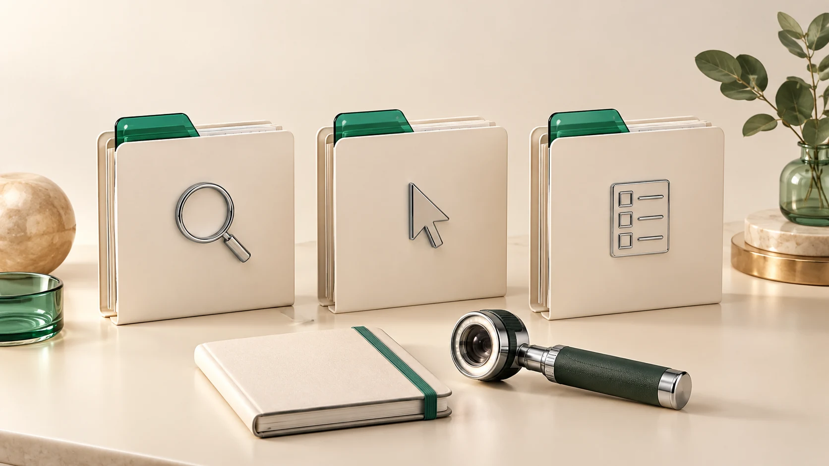 Separate folders marked with search, cursor and checklist symbols sit behind a review notebook and dermatoscope.