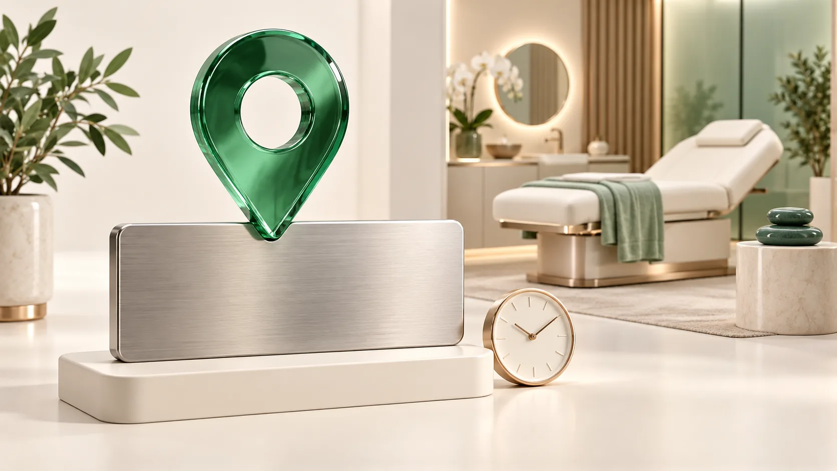 Emerald map pin above an unmarked address plaque and clock, with a cream med spa treatment lounge behind it.