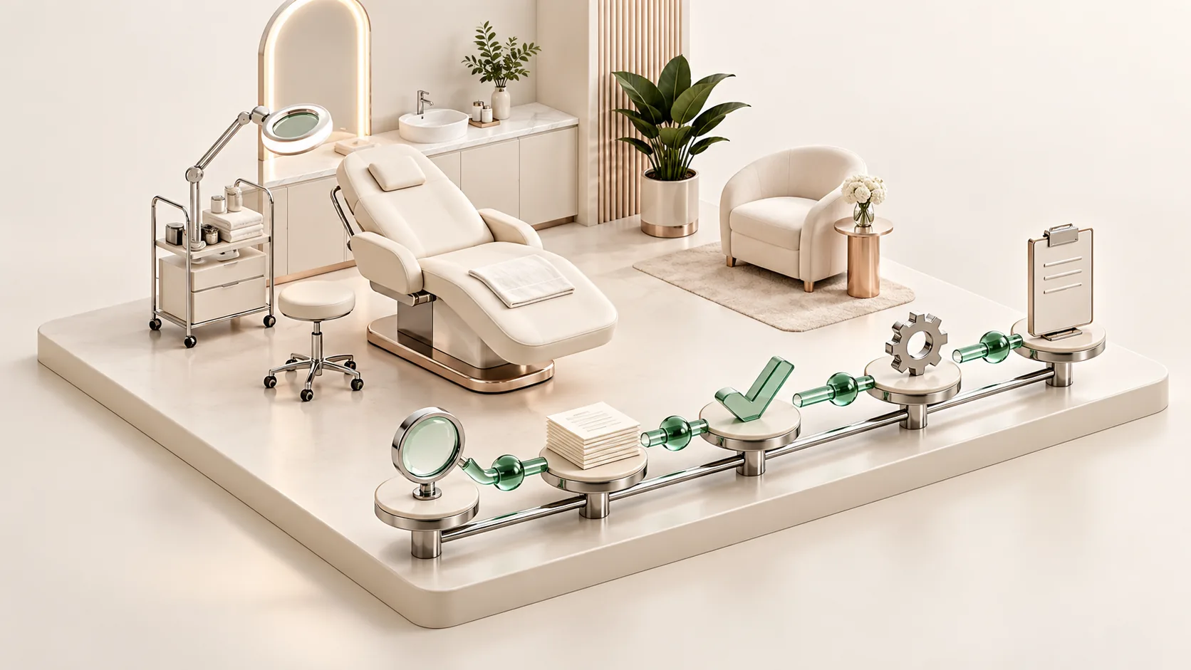 Five connected task stations beside a med spa treatment lounge, illustrating a staged SEO work plan.