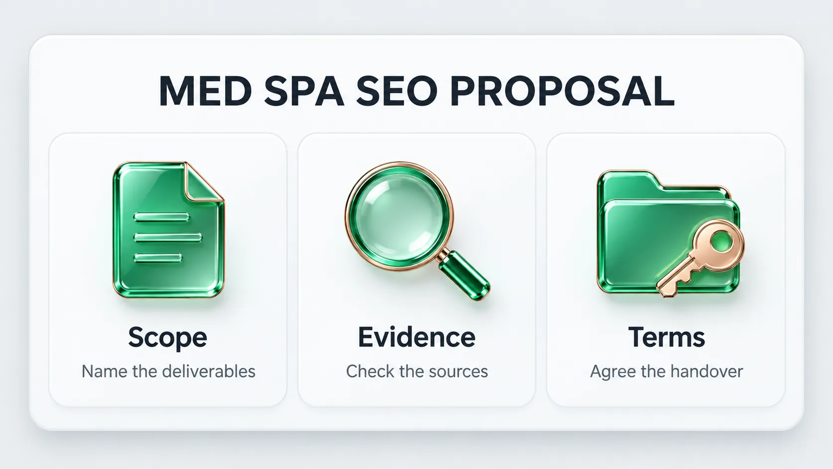 Med spa SEO proposal checklist: name the deliverables, check the evidence sources and agree the handover terms.