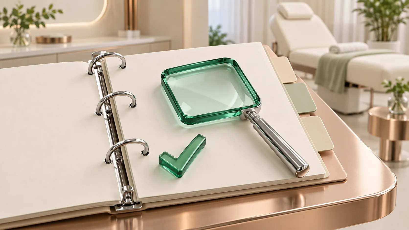 Emerald inspection lens and check token on an open proposal binder, with a treatment lounge in the background.