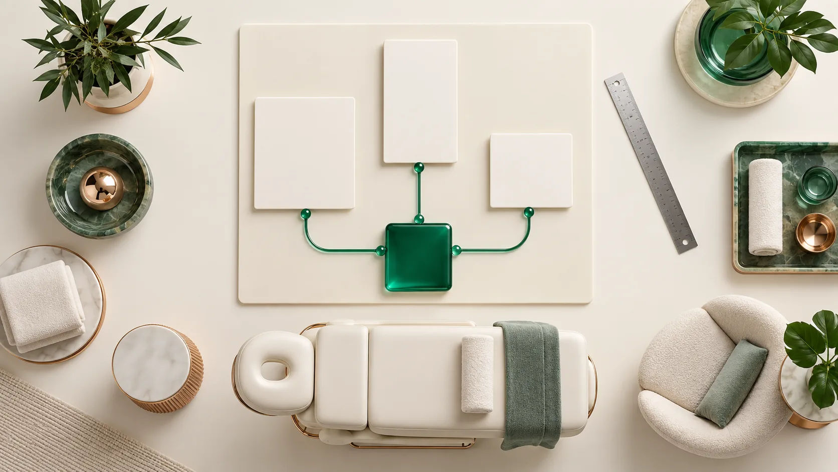 Overhead view of blank website page cards joined to an emerald menu tile, beside a miniature med spa treatment lounge.