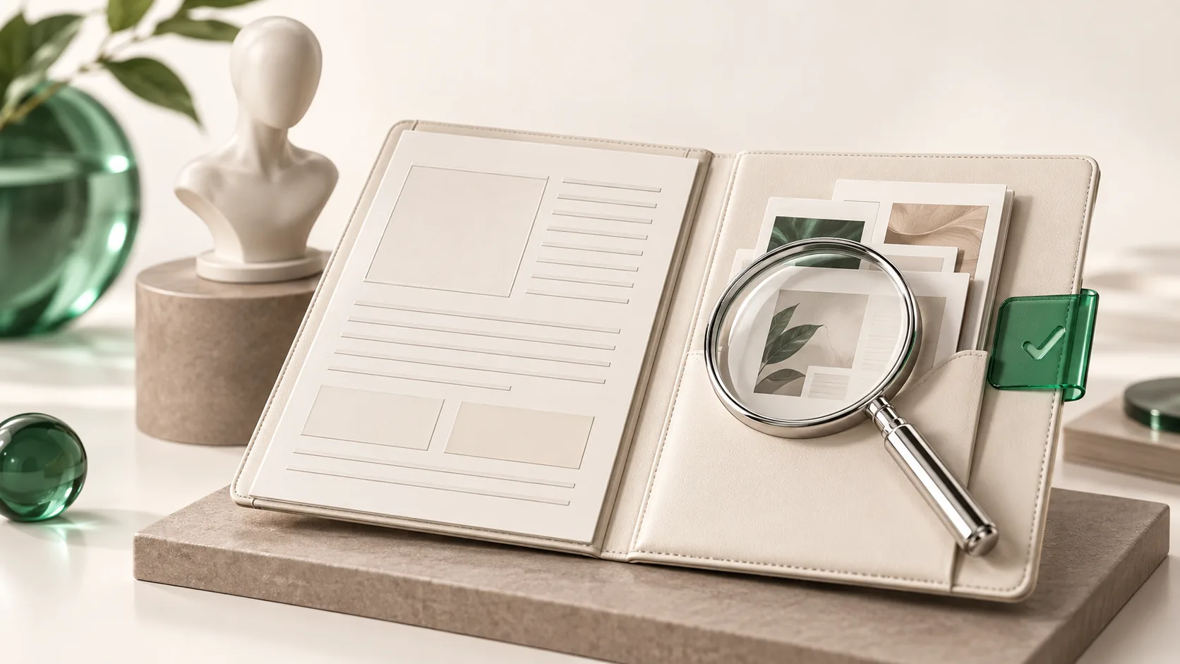 Open editorial brief with a page-layout sheet, source cards and an approval tab beside an abstract faceless bust.