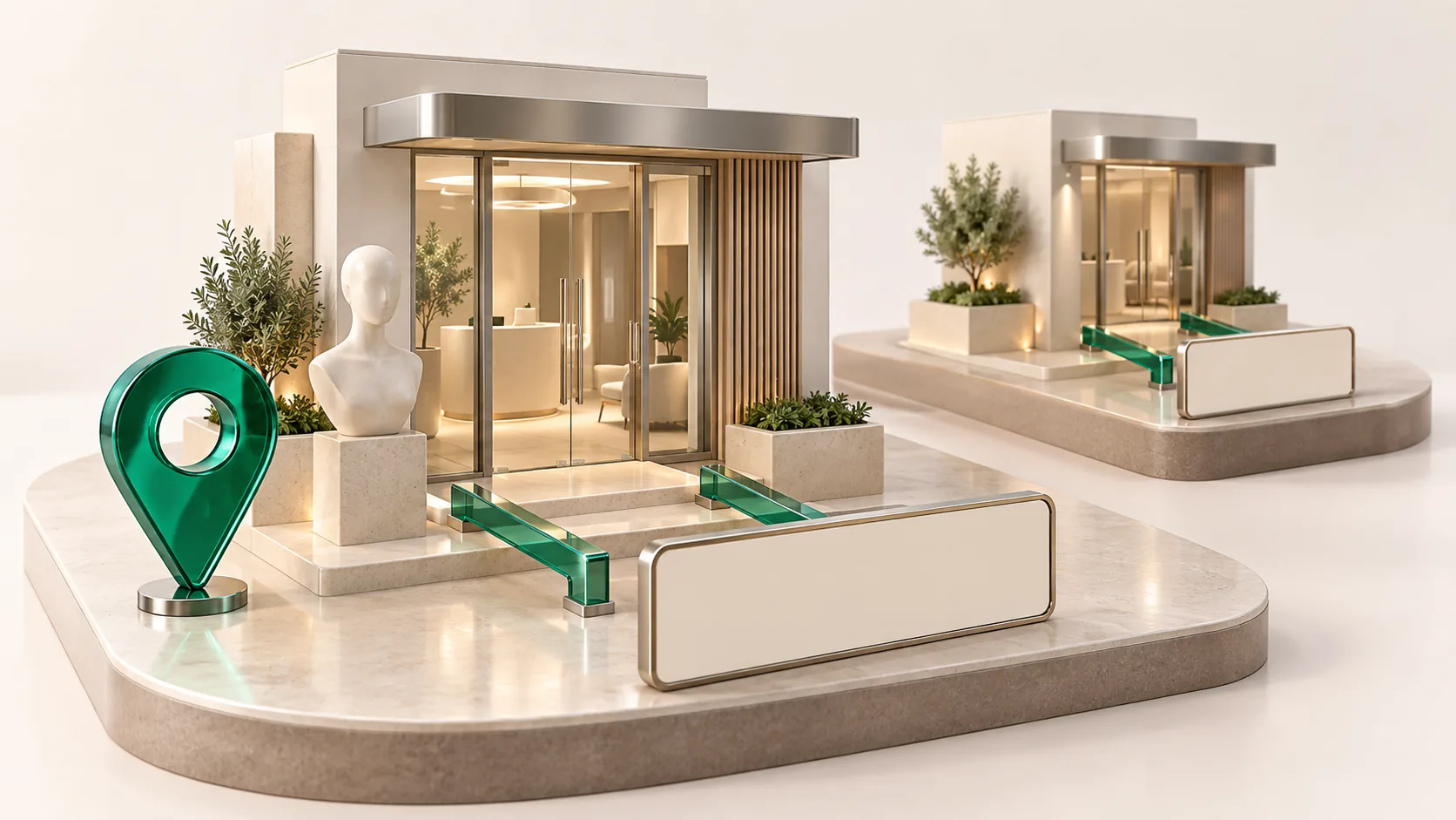Miniature consultation-office modules with separate information plaques and an emerald location pin on a location-register board.