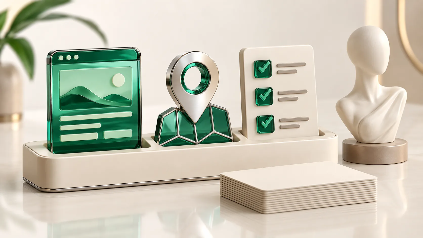 Modular work console holding page, location and review tools, with record cards and an abstract faceless bust.