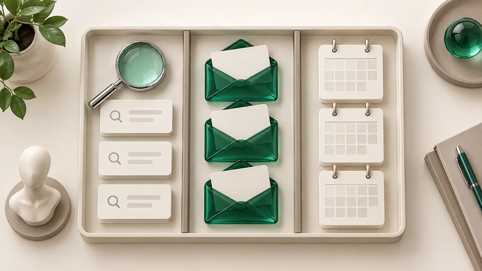 Overhead reporting tray separating search cards, inquiry envelopes and appointment records into distinct compartments.