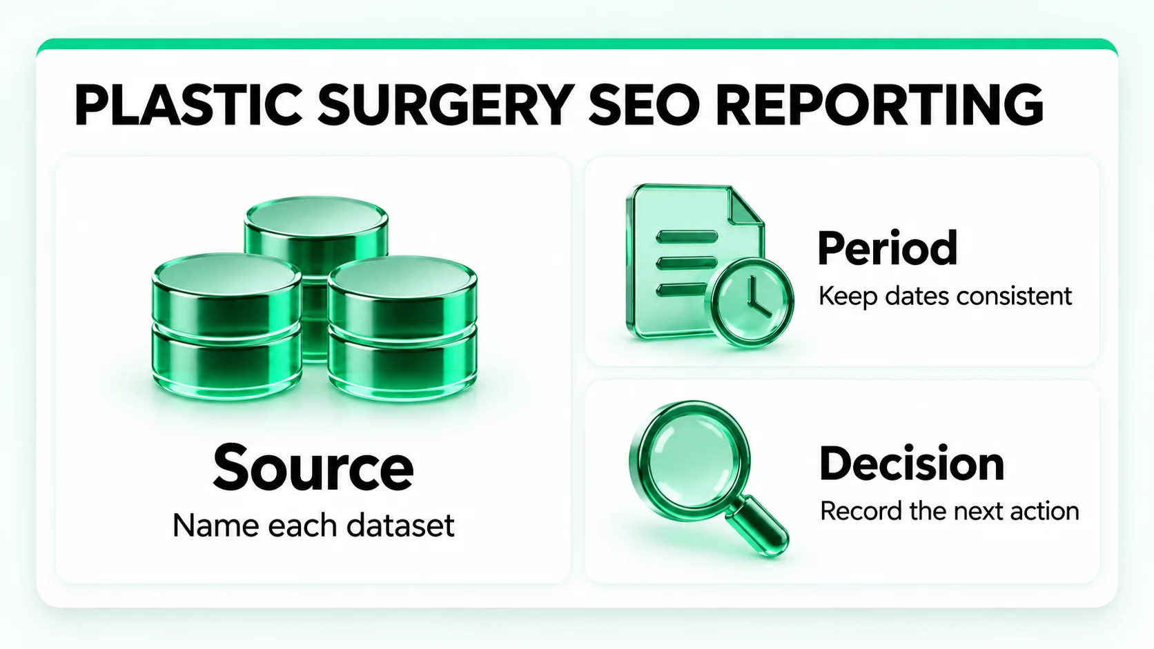 Plastic surgery SEO reporting: name each dataset, keep dates consistent and record the next action.
