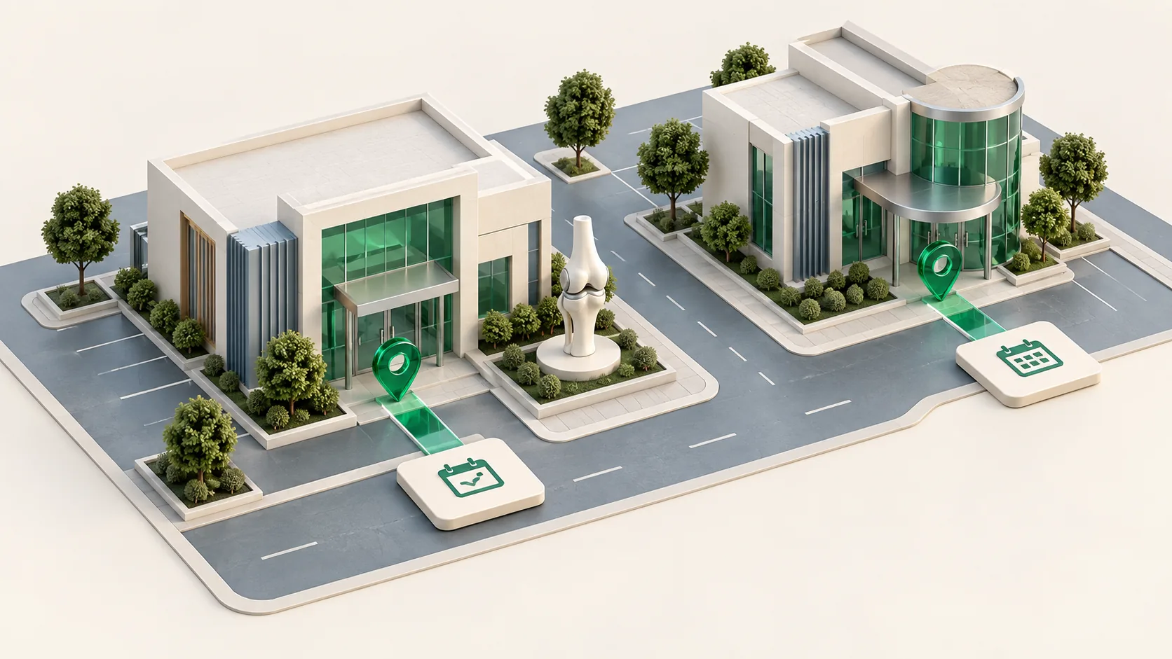 Two miniature orthopedic offices with separate location pins and appointment paths beside a knee-joint model.