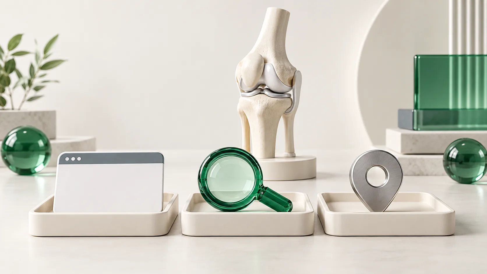 Website card, emerald magnifier and location marker arranged in trays in front of a knee-joint model.