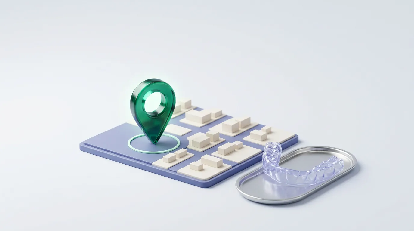 SEO for orthodontists: an emerald map pin on a local street grid next to a clear aligner tray