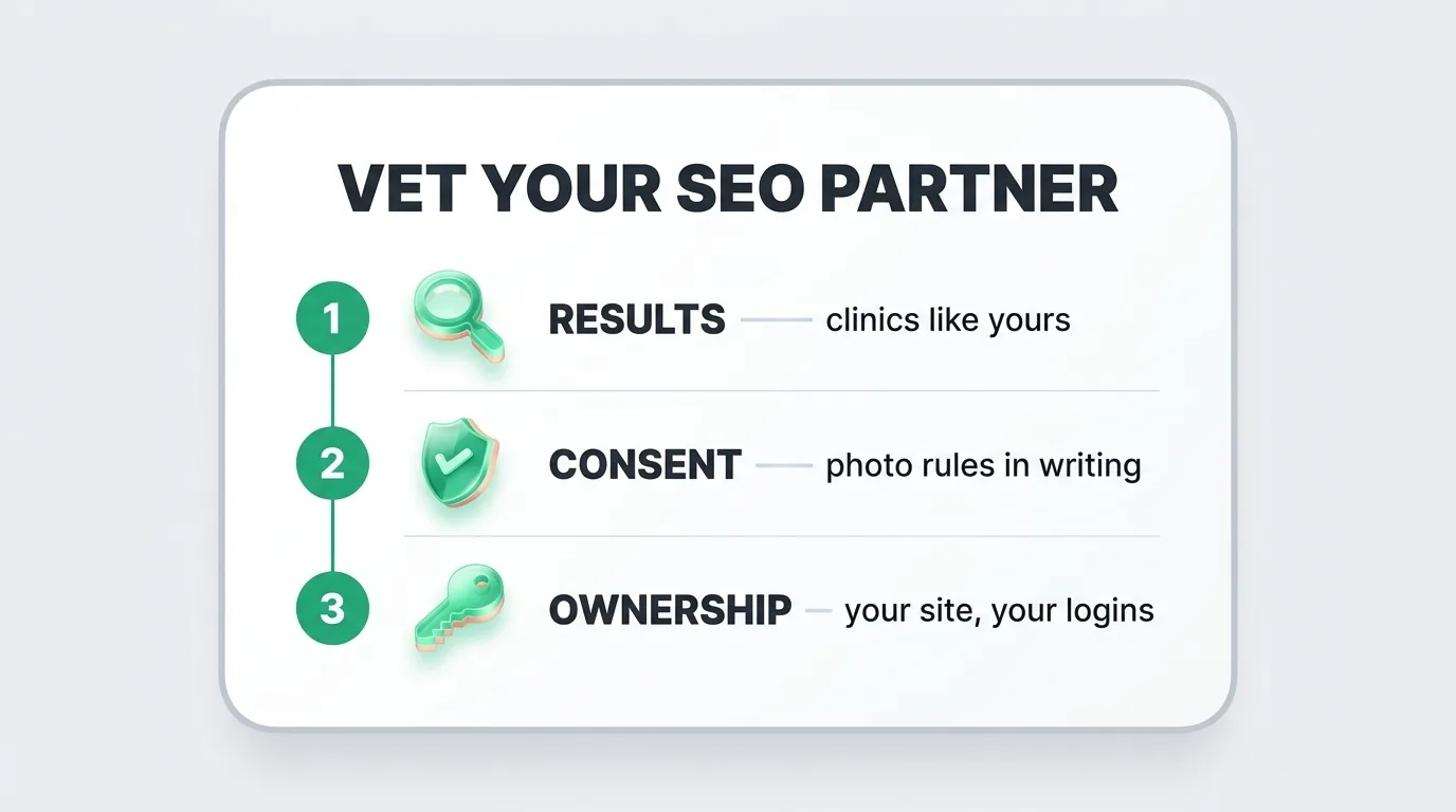 How to vet a medical spa SEO company: check results from similar clinics, photo consent rules in writing, and ownership of your site and logins