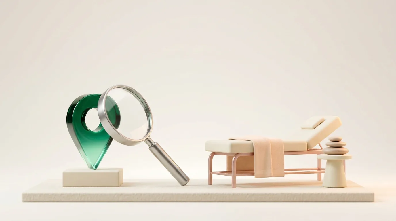 Medical spa SEO company vetting: a magnifying glass inspecting an emerald map pin beside a med spa treatment bed