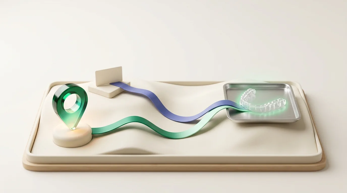 Orthodontic marketing diorama: referral and direct search paths merging into a started clear aligner case