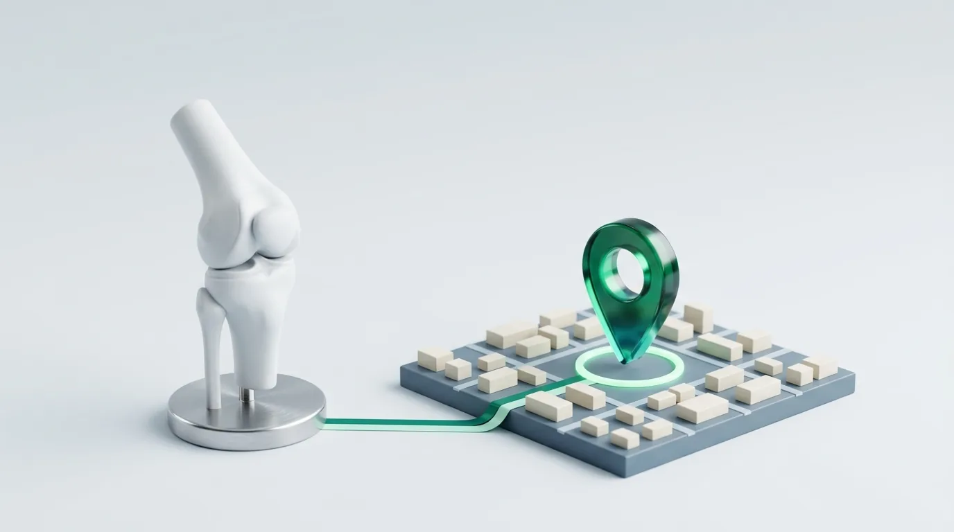 Orthopedic SEO company concept: a white knee-joint model linked by an emerald path to a glowing map pin on a local neighbourhood grid