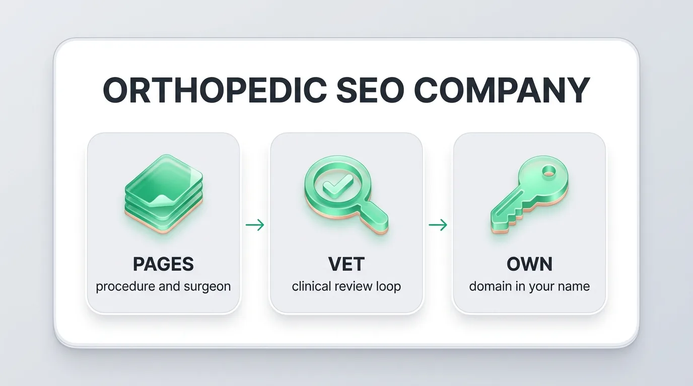 Orthopedic SEO company infographic: procedure and surgeon pages, a clinical review loop, and owning your domain in your name