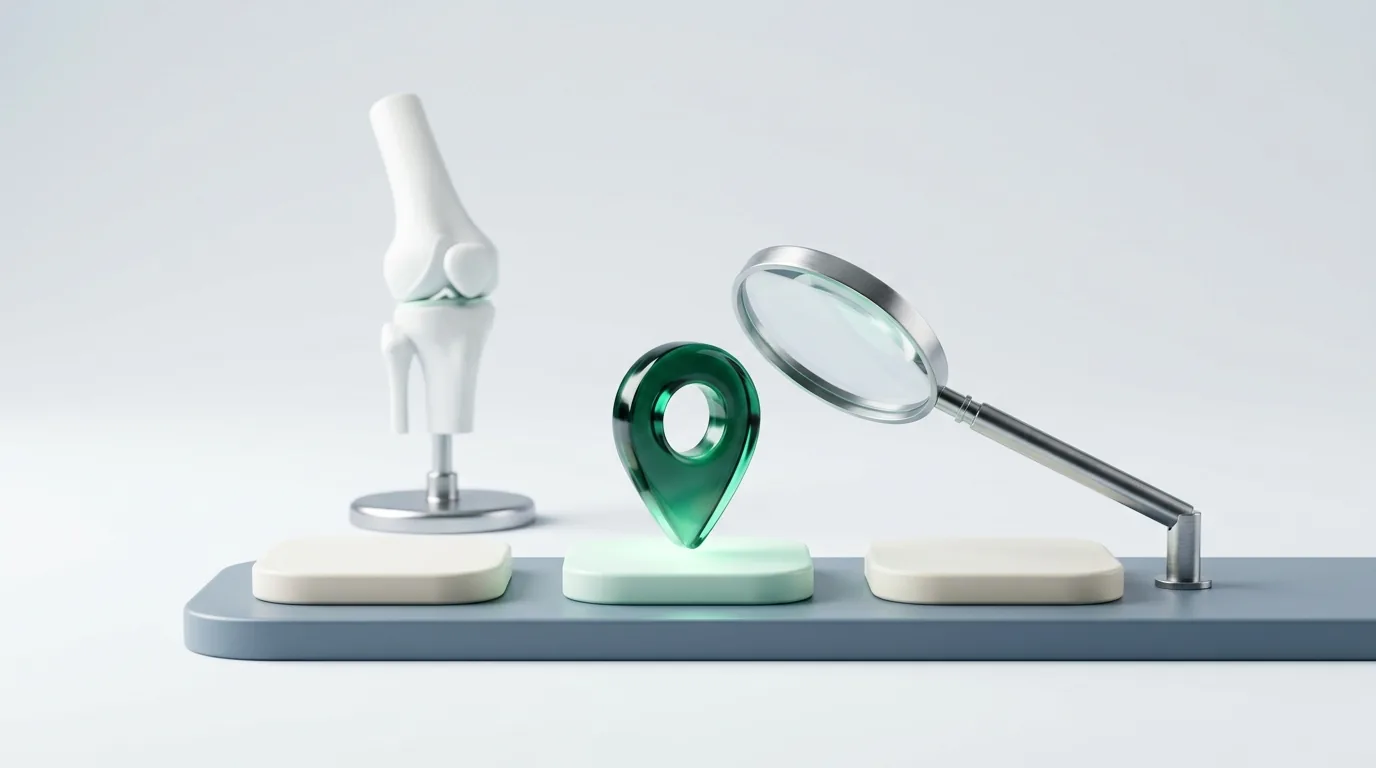 Orthopedic SEO agency selection: an emerald map pin under a chrome magnifier beside a white knee-joint model
