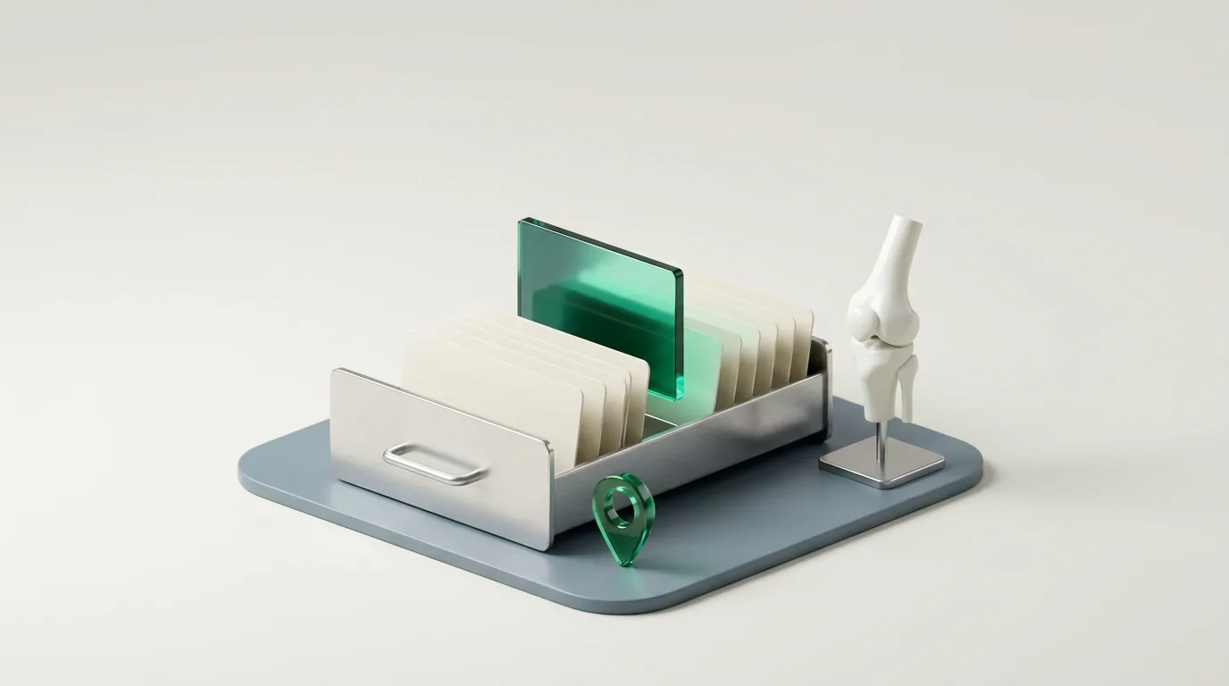 SEO for orthopedics illustrated by a card index of procedure pages with one emerald card raised, a map pin and a knee joint model