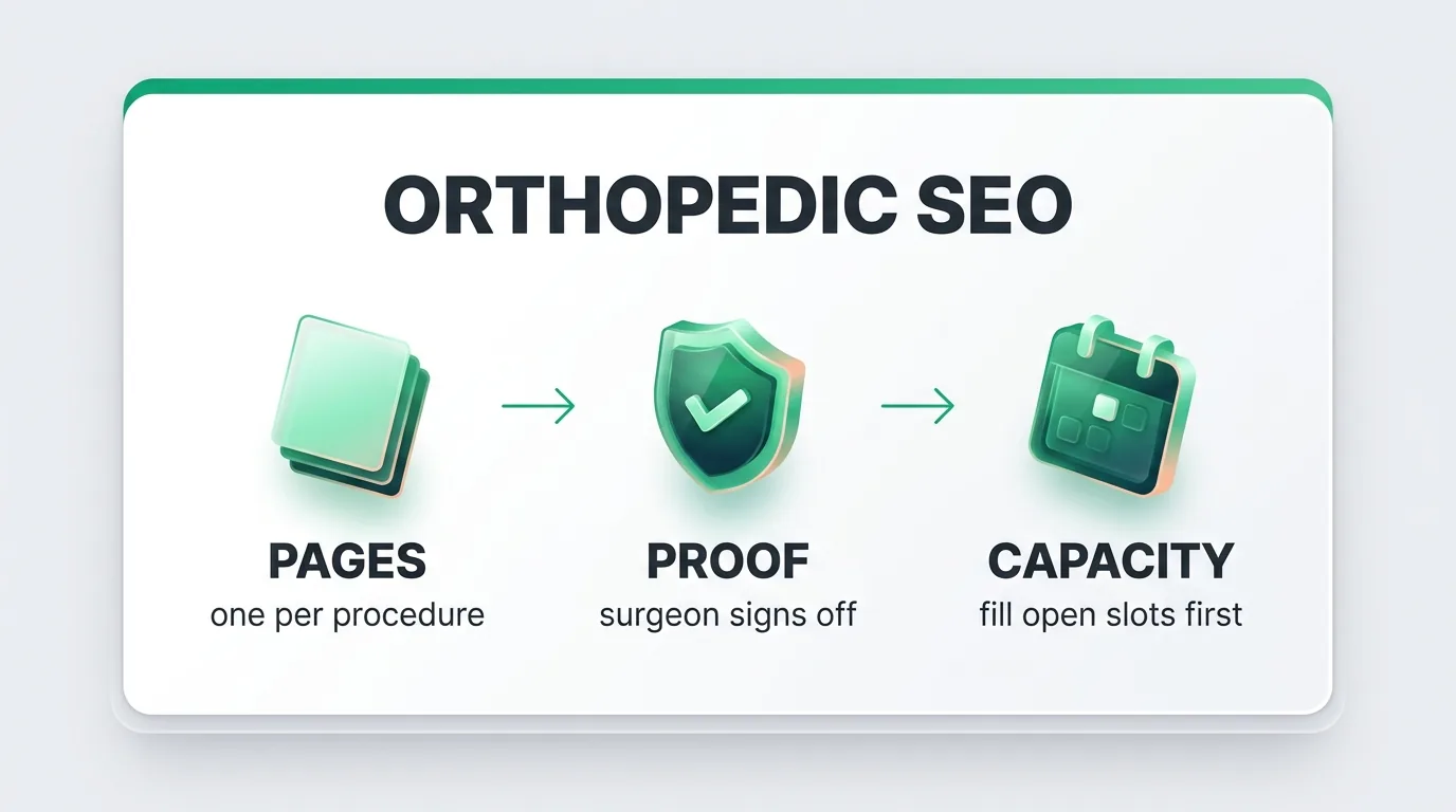 SEO for orthopedics in three steps: one page per procedure, surgeon sign off as proof, then fill open slots first