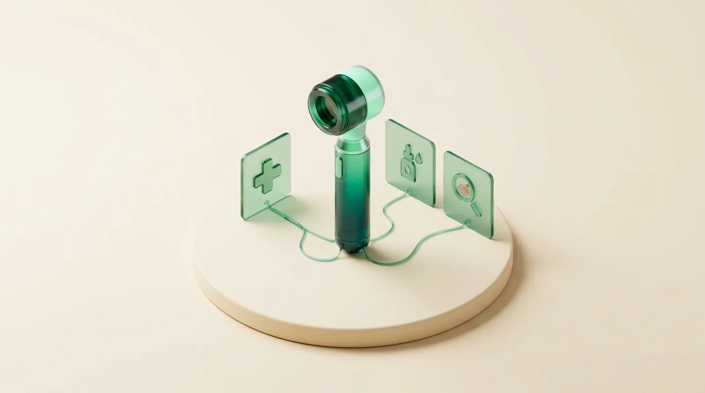 Miniature dermatology clinic with a dermatoscope linked to three service panels for medical, cosmetic and skin cancer care