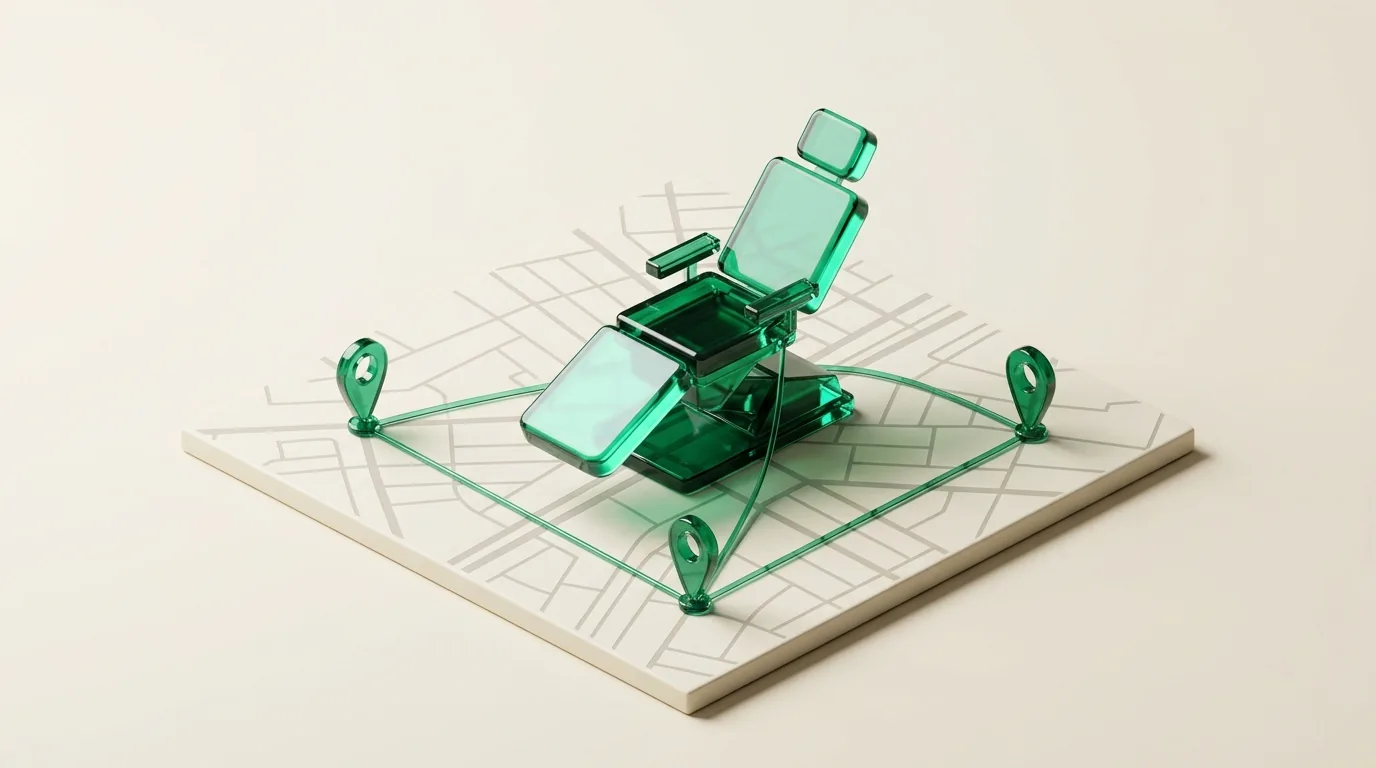 Green glass dental chair on a city map with three connected location pins