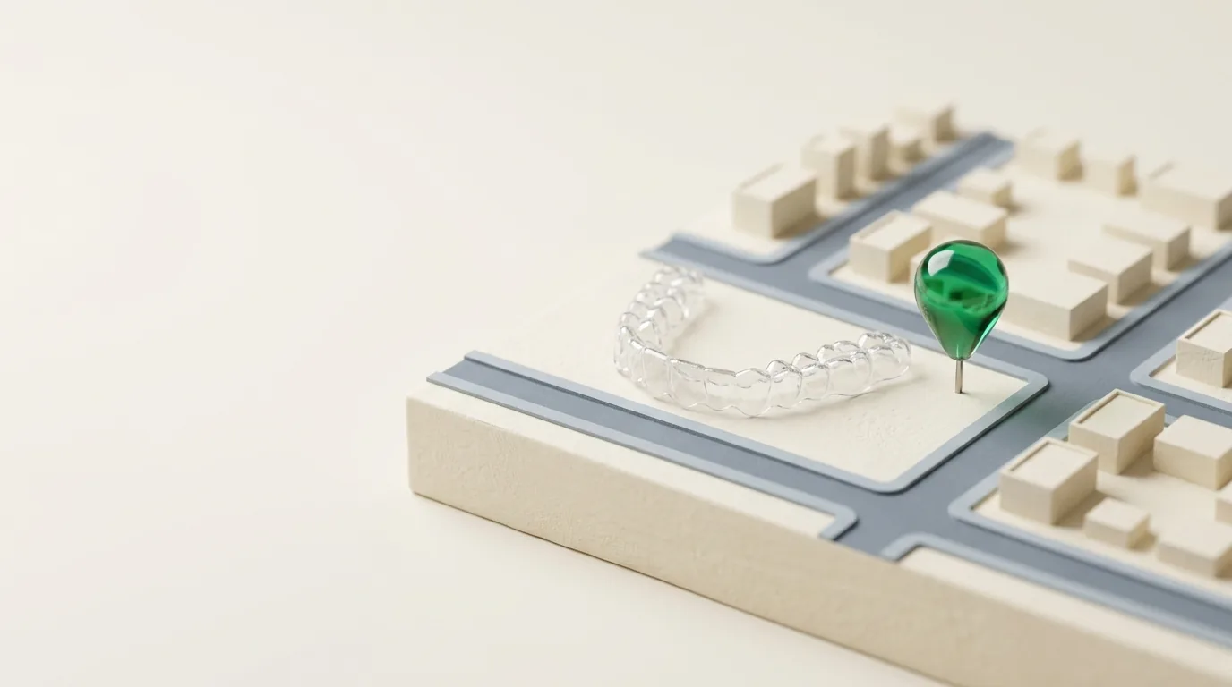 Clear aligner on a city block with a green pin, illustrating SEO for orthodontists