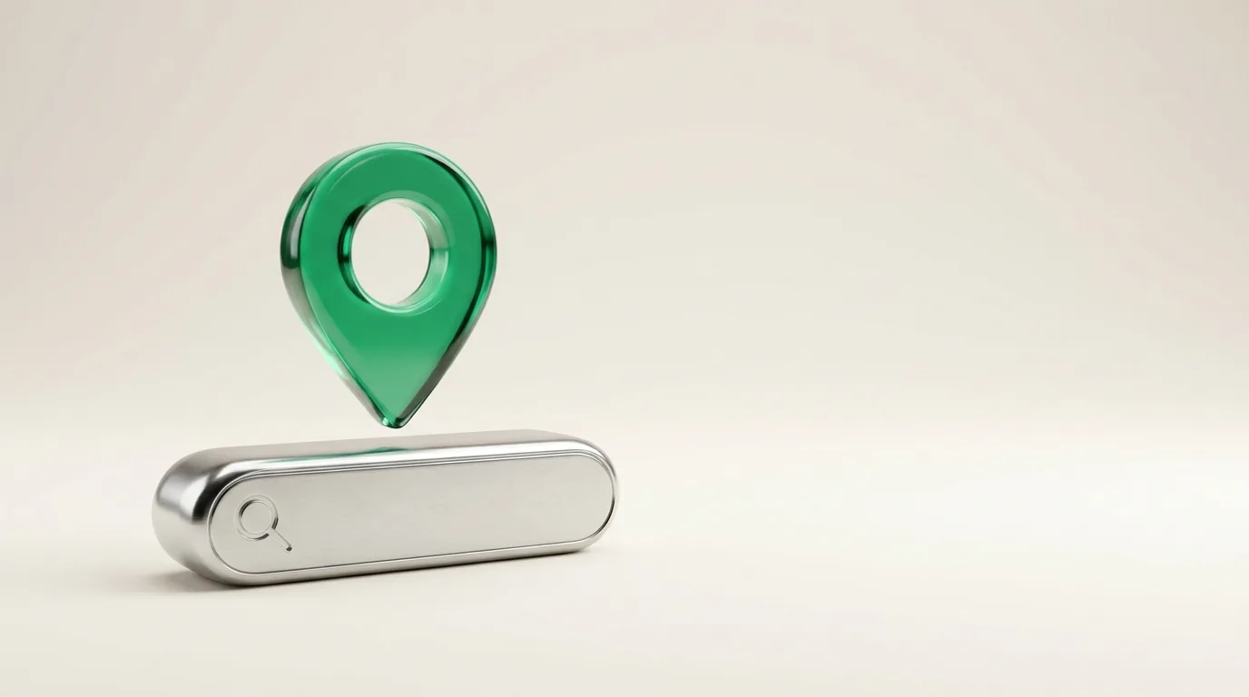 Green map pin rising from a chrome search bar