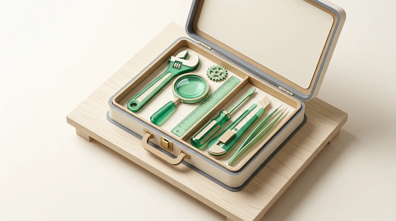 Open expert toolkit with green glass tools on a workbench