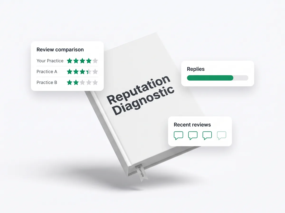 Reputation Diagnostic report mockup with an example review comparison against two other practices, replies and recent reviews