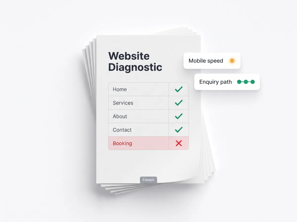 Website Diagnostic report mockup with an example page checklist where the booking page is flagged in red