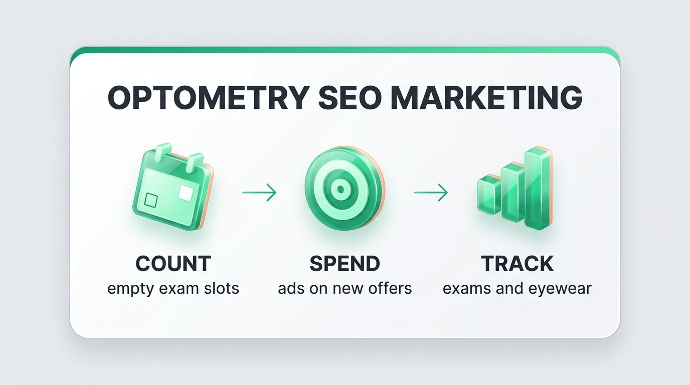 Optometry SEO marketing infographic in three steps: count empty exam slots, spend ads on new offers, track exams and eyewear