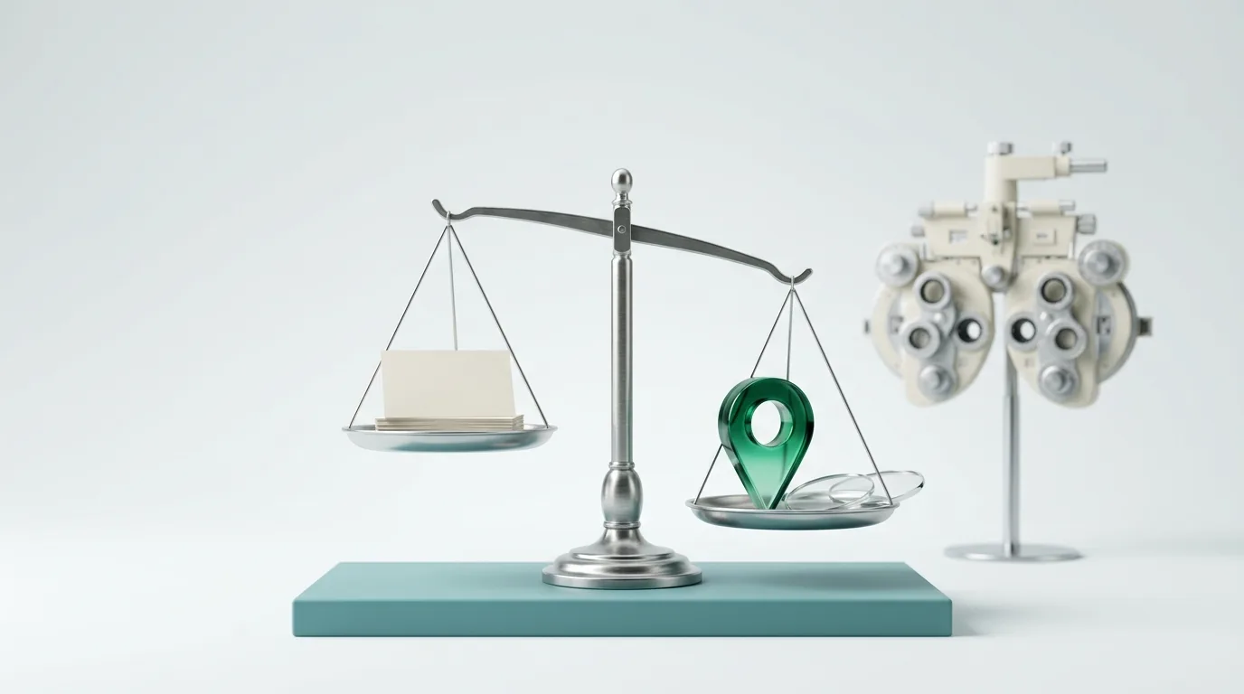 Optometry SEO marketing shown as a balance scale where an emerald map pin and two lenses outweigh a stack of blank cards, with a phoropter behind