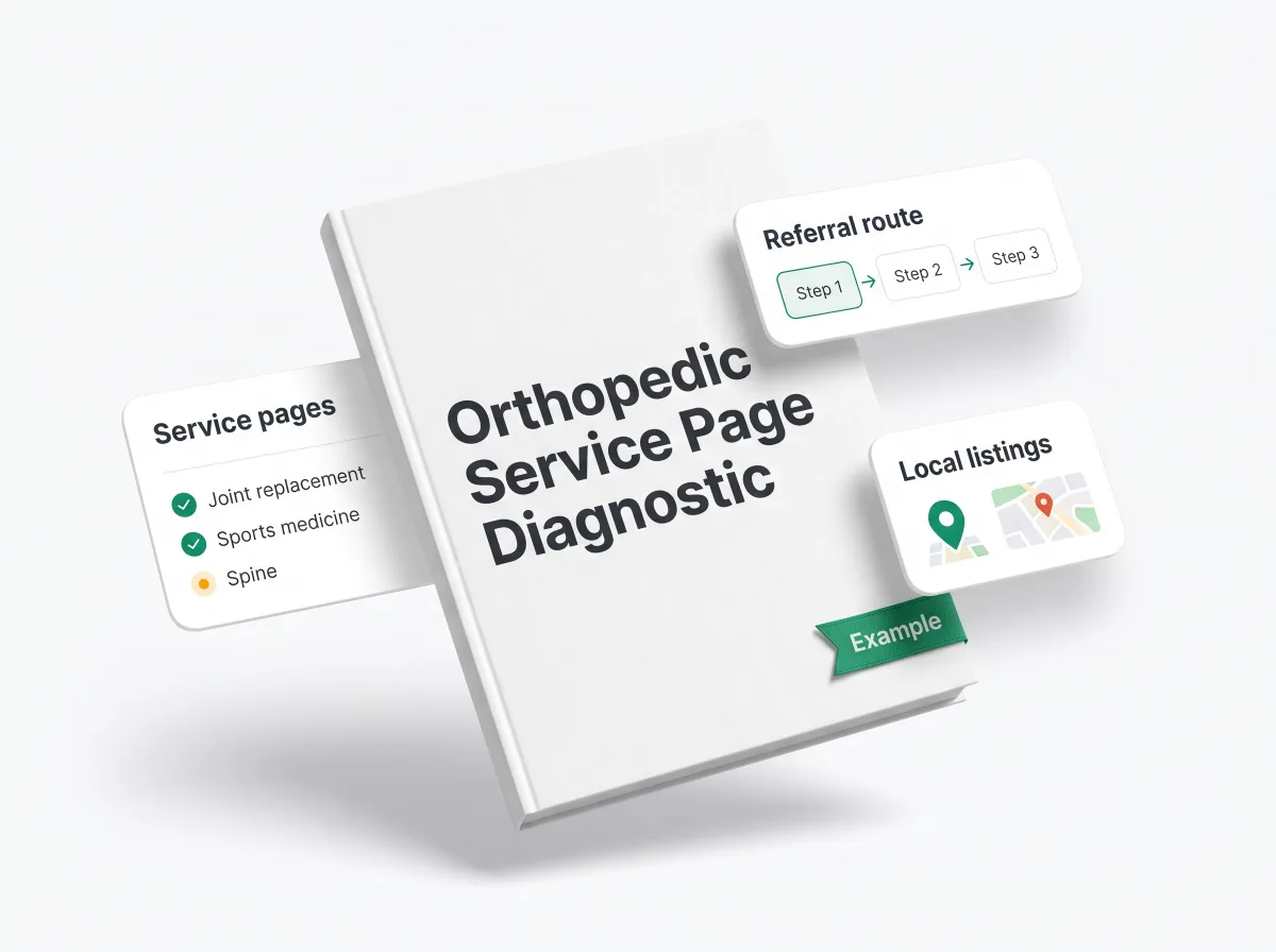 Orthopedic Service Page Diagnostic report mockup with example cards for service pages, referral route and local listings