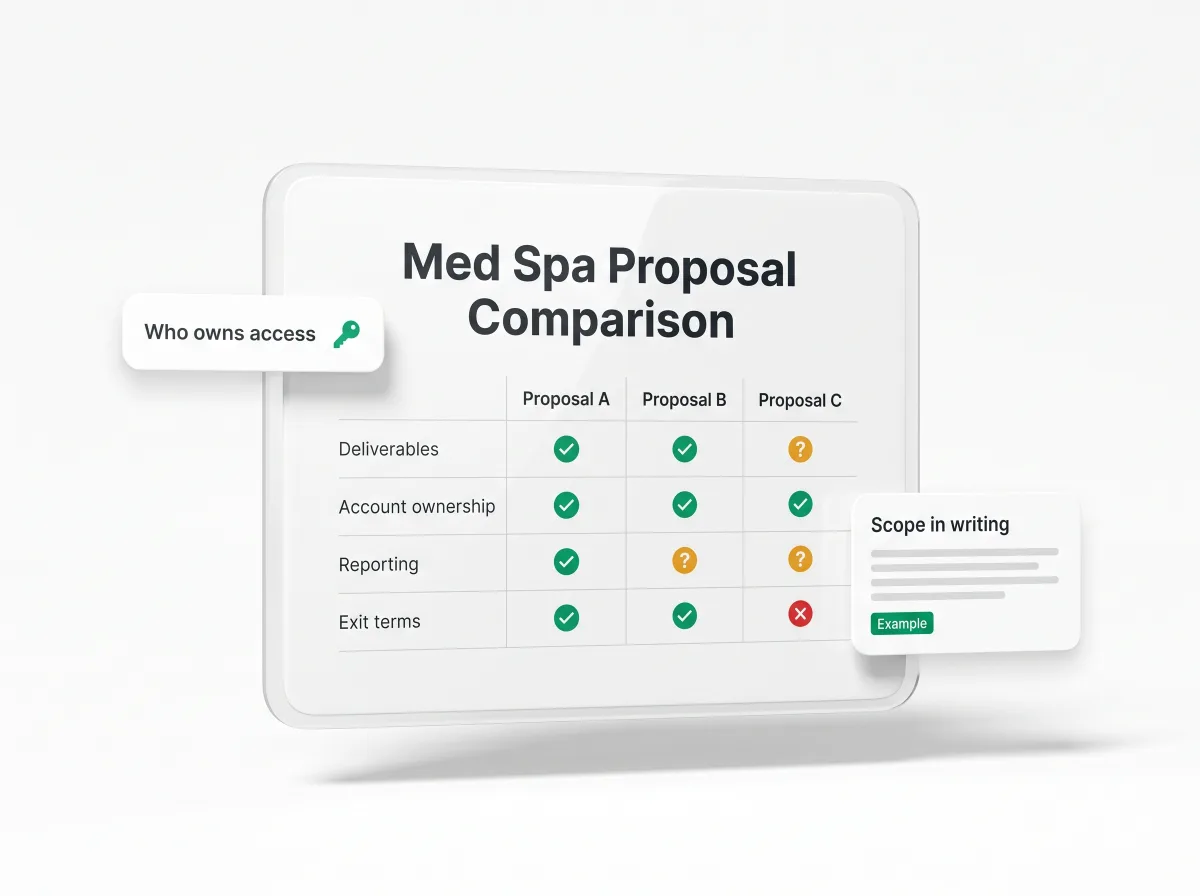 Med Spa Proposal Comparison grid mockup with example rows for deliverables, account ownership, reporting and exit terms