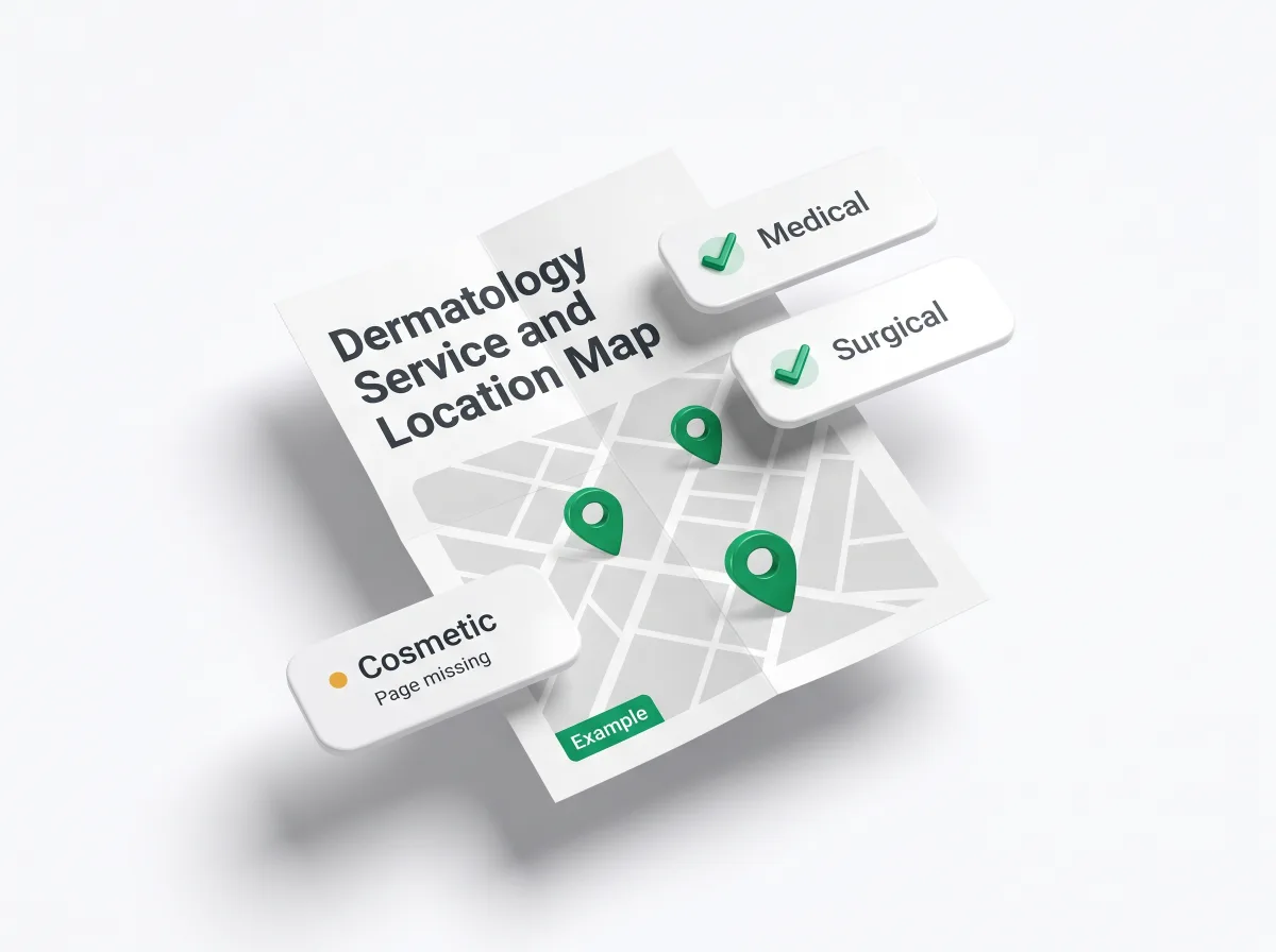 Dermatology Service and Location Map mockup with example pins and cards for medical, surgical and cosmetic services