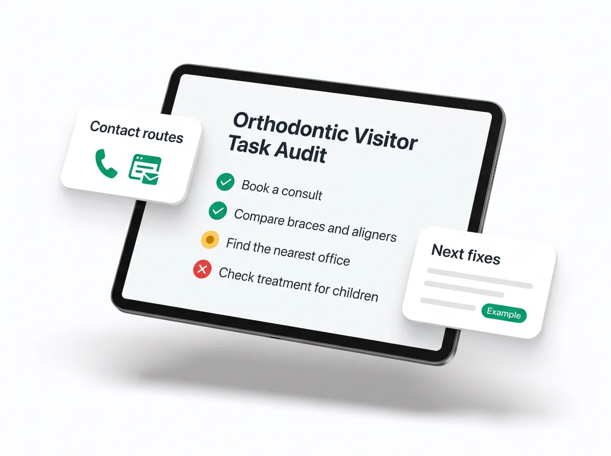 Orthodontic Visitor Task Audit mockup on a tablet with an example task list, contact routes and next fixes