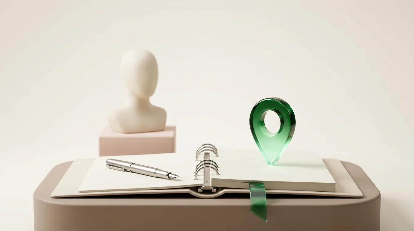 Plastic surgery SEO expert playbook shown as an open binder with an emerald map pin, a pen and a faceless sculpted bust