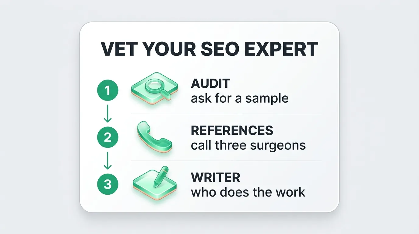 Infographic on how to vet a plastic surgery SEO expert in three steps: audit, references, writer