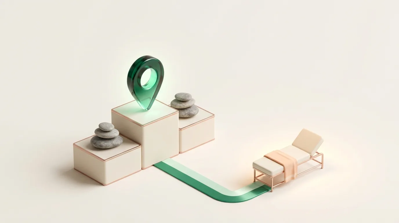 SEO for medical spa shown as an emerald map pin on a podium with spa stones, linked by a path to a treatment bed