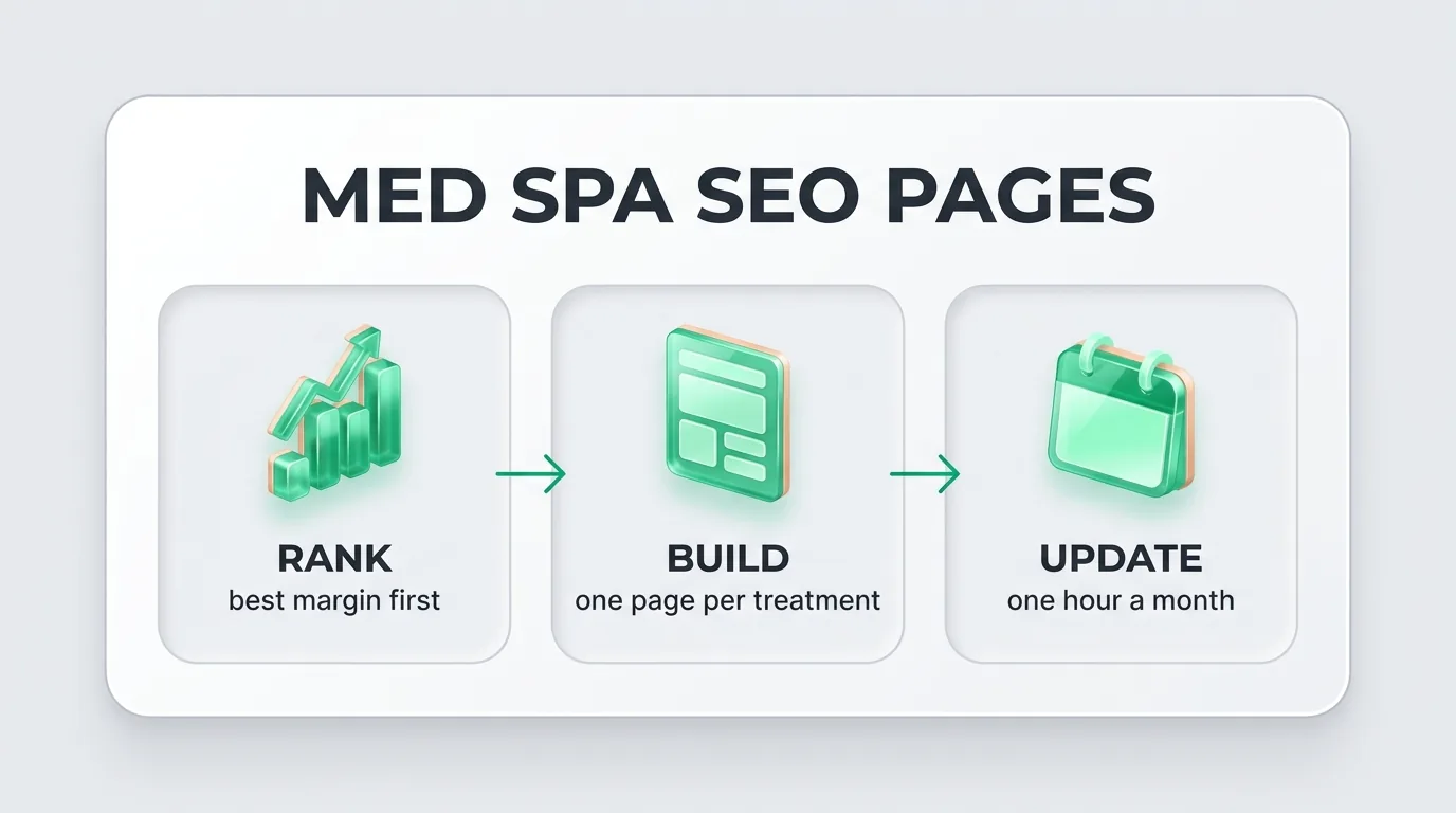 Infographic of SEO for medical spa pages in three steps: rank by margin, build one page per treatment, update monthly