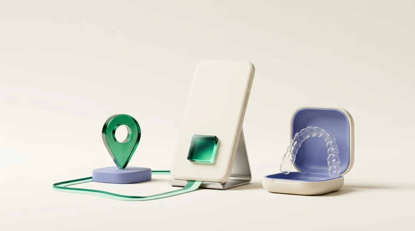 Search engine optimization for orthodontists shown as a miniature phone with an emerald call button, a map pin and a clear aligner case