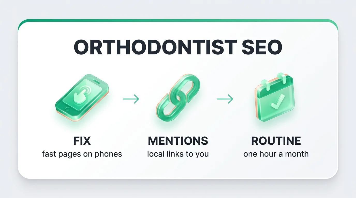 Search engine optimization for orthodontists in three steps: fix fast pages on phones, earn local mentions, keep a monthly routine
