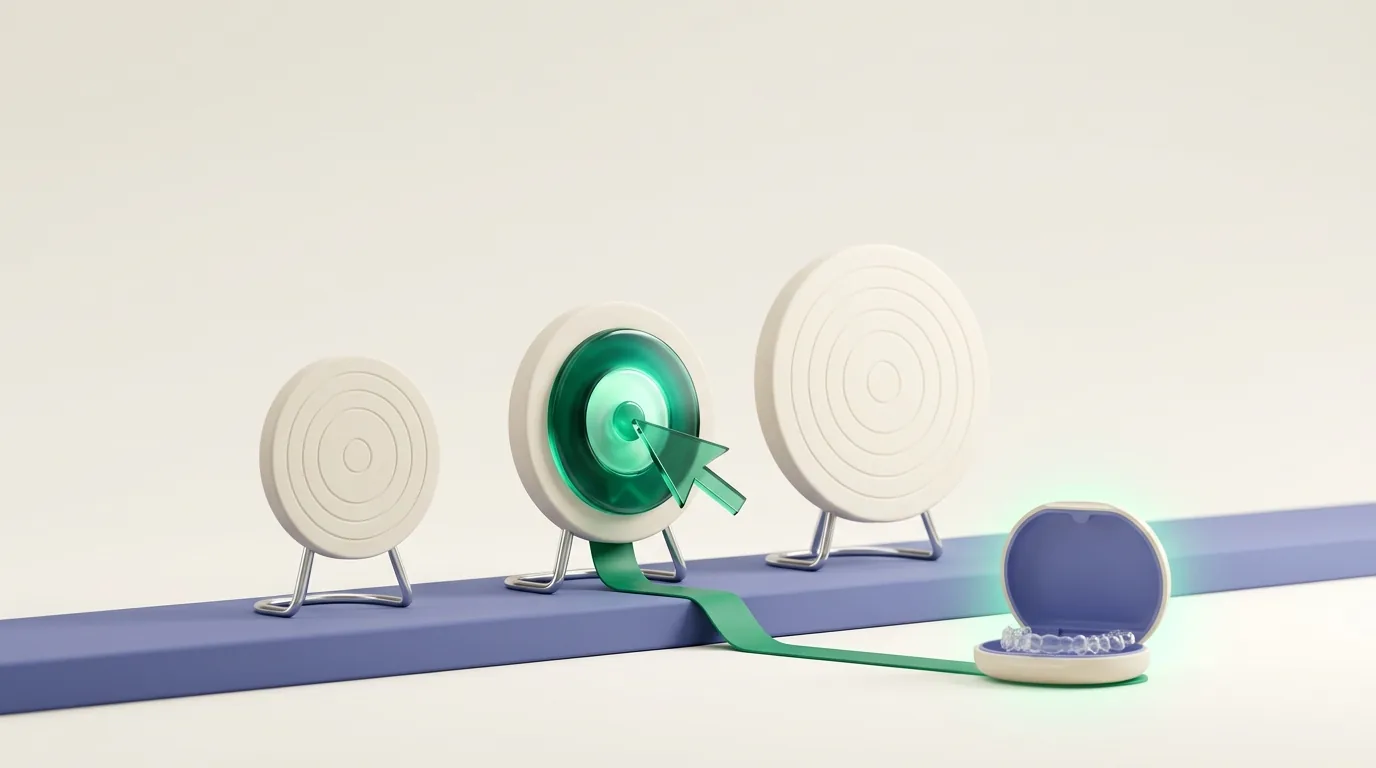 Orthodontic advertising shown as three targets, one emerald bullseye hit by a cursor and linked to a clear aligner case.