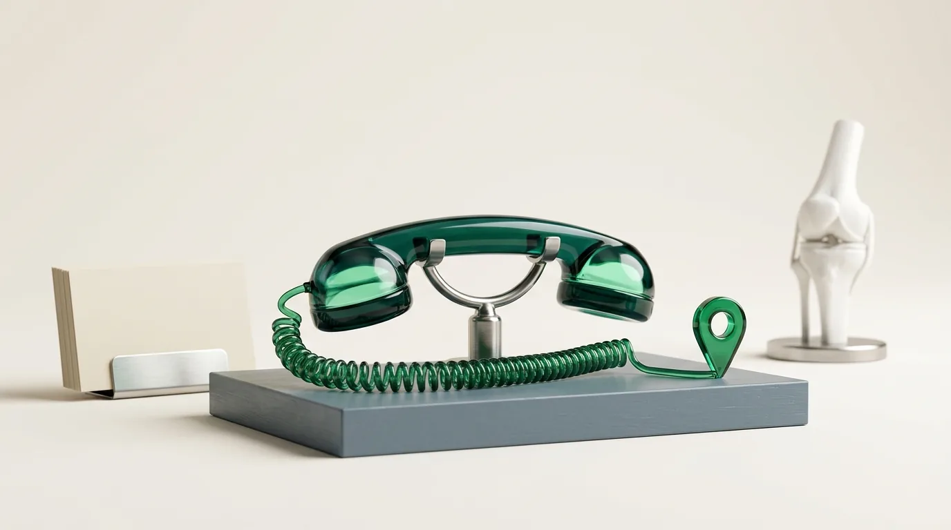 Emerald glass telephone handset on a chrome cradle, its cord linked to a map pin, beside a knee-joint model: vetting orthopedic SEO experts with one reference call
